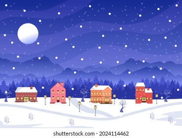 Winter Landscape With House Background, Panorama Snowfall, Town, Trees Or Mountain Silhouette. Christmas and Happy New Year Vector Illustration