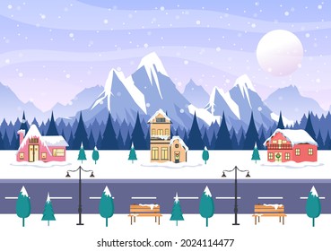 Winter Landscape With House Background, Panorama Snowfall, Town, Trees Or Mountain Silhouette. Christmas and Happy New Year Vector Illustration