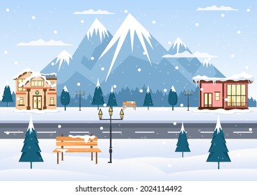 Winterlandschaft mit Haushintergrund, Panoramaschnee, Stadt, Bäume oder Berglandschaft. Weihnachten und glückliche Neujahr-Vektorgrafik