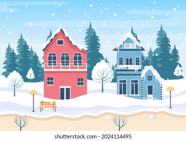 Paisaje De Invierno Con Fondo De Casa, Cascada Panorama, Pueblo, Árboles O Silhouette De Montaña. Ilustración de vectores de Navidad y Año Nuevo Feliz