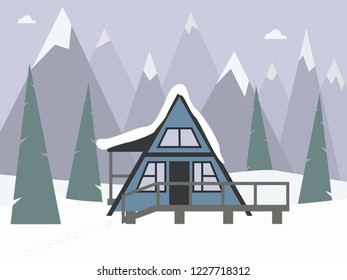 Winter landscape with a house. Blue three-cornered house in the background of the forest and mountains. Vector isolated flat illustration. EPS 10