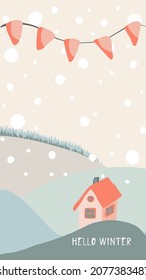 winter landscape with house, christmas hand drawn illustration with seasonal christmas elements and trendy matching pastel colors