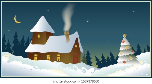 Winter landscape with a house and a Christmas tree