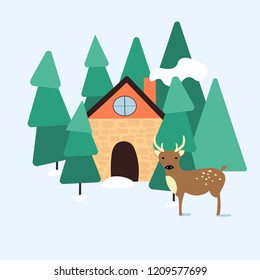 Winter landscape with a house and a dear in the forest. Modern flat design.