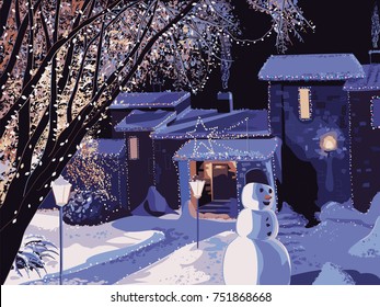 Winter landscape with a house decorated for Christmas