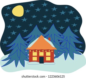 Winter landscape with a house and fir trees. Vector illustration