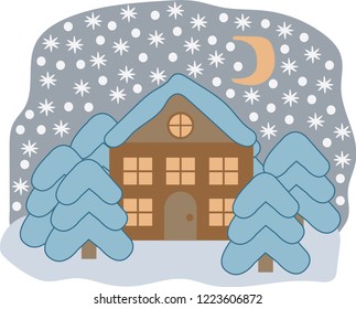 Winter landscape with a house and fir trees. it snows. Vector illustration