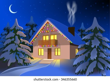 Winter landscape with a house and fir trees. On the dark blue sky, the stars and the moon. Merry Christmas and Happy New Year. Vector illustration.