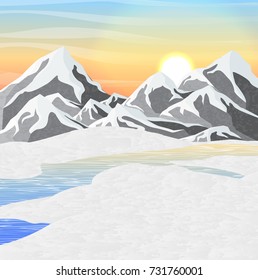 Winter landscape with a house, fir trees in the snow, large mountains with white peaks on the horizon and snowdrifts.