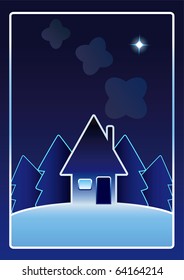 Winter landscape with house, forest and first star on sky.