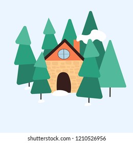 Winter landscape with a house in the forest. Moder flat design.
