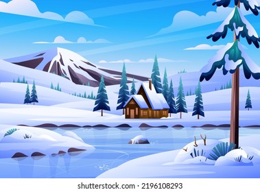 Winter landscape with a house, frozen lake and mountain background cartoon illustration