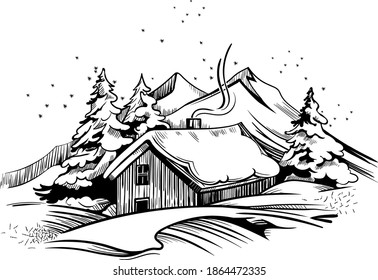 Winter landscape with a house, hand-drawn vector illustration