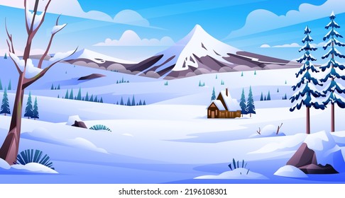 Winter landscape with a house and mountain background illustration