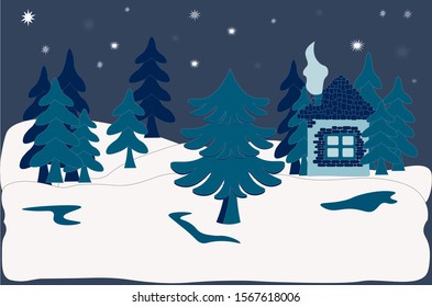 Winter landscape. House in the mountains with Christmas trees in blue
