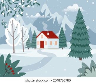 Winter landscape with a house in the mountains. Countryside landscape at snowy seasonal. Cute vector illustration in flat style