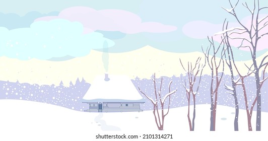 winter landscape with house near forest in snow, clouds and blue sky