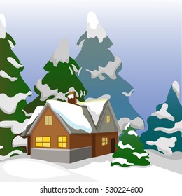 Winter landscape with a house. House on the background of the forest landscape. house pipe. Winter cloudy day. ?artoon