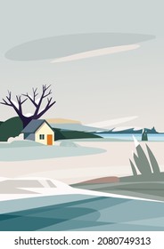 Winter landscape with house on the river bank. Natural scenery in vertical orientation.