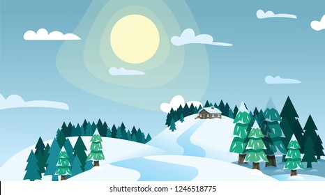 Winter landscape house on snowy highlands in coniferous forest on blue sky and bright sun background. Winter forest, house on snowy hills at sunny day. Merry Christmas and New Year concept
