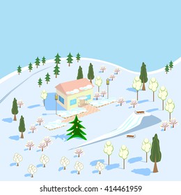Winter landscape. The house the outdoors with a Seating area, a hill for skiing, a Christmas tree