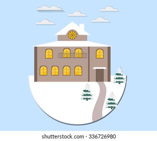 Winter landscape. House in the snow. Vector illustration in a flat style.