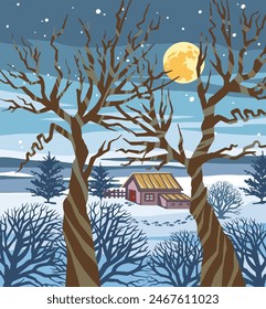 Winter landscape with a house and snow-covered trees at sunset, watercolor illustration, print for a New Year's card, poster, cover and other designs. 