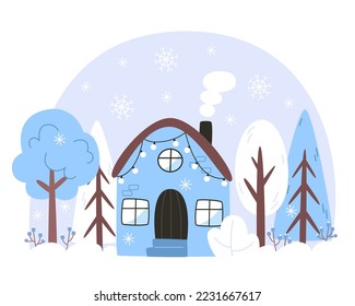 Winter landscape with a house in a snowy forest