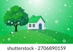 Winter Landscape with House and Snowy Tree on Green Background