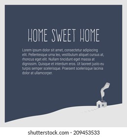 Winter landscape. House, steps, smoke. Text frame. Background for banner, card, poster, brochure, banner, web design. Easy to edit. Vector illustration - EPS10.