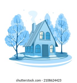 Winter landscape. House surrounded by trees. Vector background