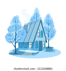 El paisaje invernal. Casa rodeada de árboles. Fondo del vector
