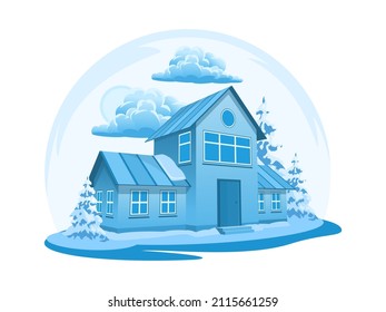 Winter landscape. House surrounded by trees. Vector illustration