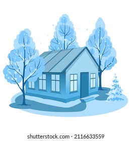 El paisaje invernal. Casa rodeada de árboles. Ilustración del vector