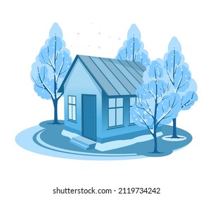 Winter landscape. House surrounded by trees. Vector illustration