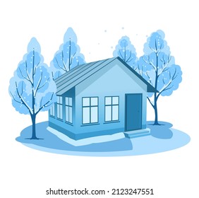 Winter landscape. House surrounded by trees. Vector illustration