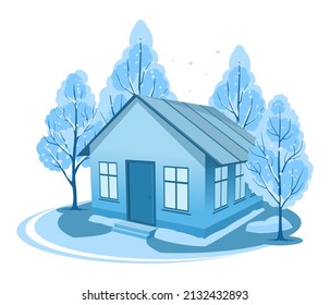El paisaje invernal. Casa rodeada de árboles. Ilustración del vector