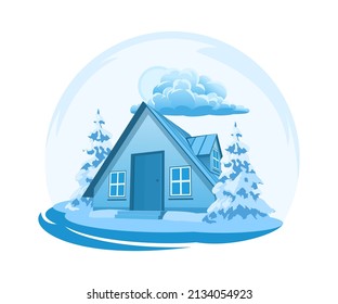 Winter landscape. House surrounded by trees. Vector illustration