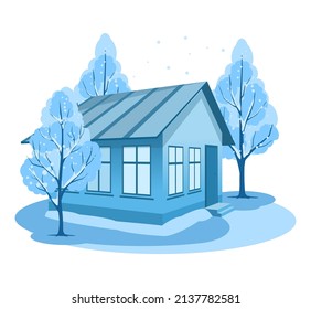 El paisaje invernal. Casa rodeada de árboles. Ilustración del vector