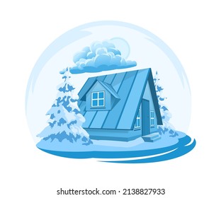 Winter landscape. House surrounded by trees. Vector illustration