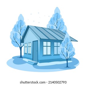 Winter landscape. House surrounded by trees. Vector illustration