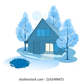 Winter landscape. House surrounded by trees. Vector illustration