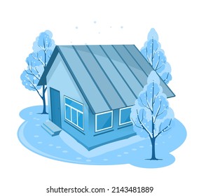 Winter landscape. House surrounded by trees. Vector illustration