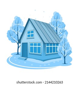 Winter landscape. House surrounded by trees. Vector illustration