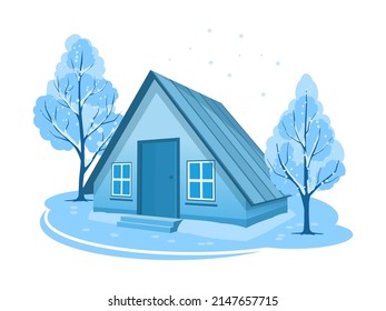 Winter landscape. House surrounded by trees. Vector illustration