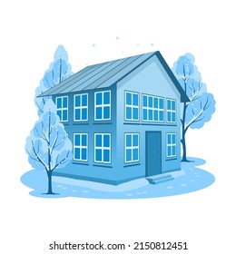 Winter landscape. House surrounded by trees. Vector illustration