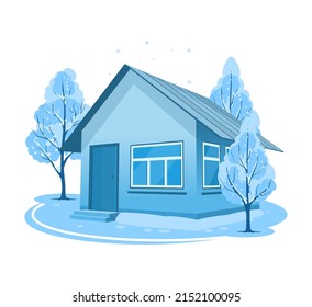 Winter landscape. House surrounded by trees. Vector illustration