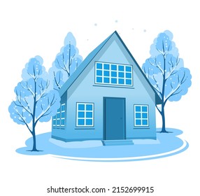 Winter landscape. House surrounded by trees. Vector illustration