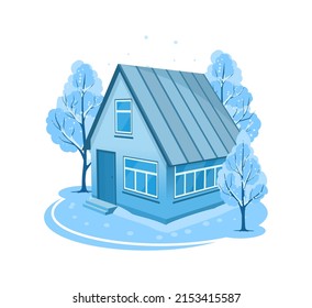 Winter landscape. House surrounded by trees. Vector illustration