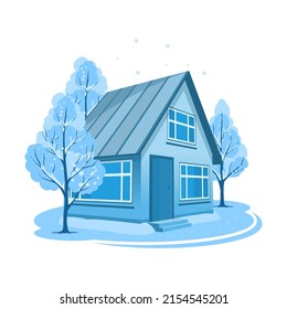 El paisaje invernal. Casa rodeada de árboles. Ilustración del vector